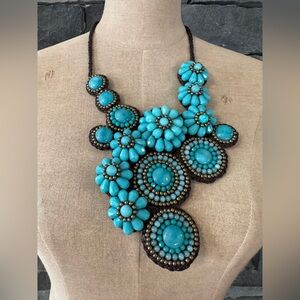 Bold Blue Floral Statement Necklace with Turquoise Accents